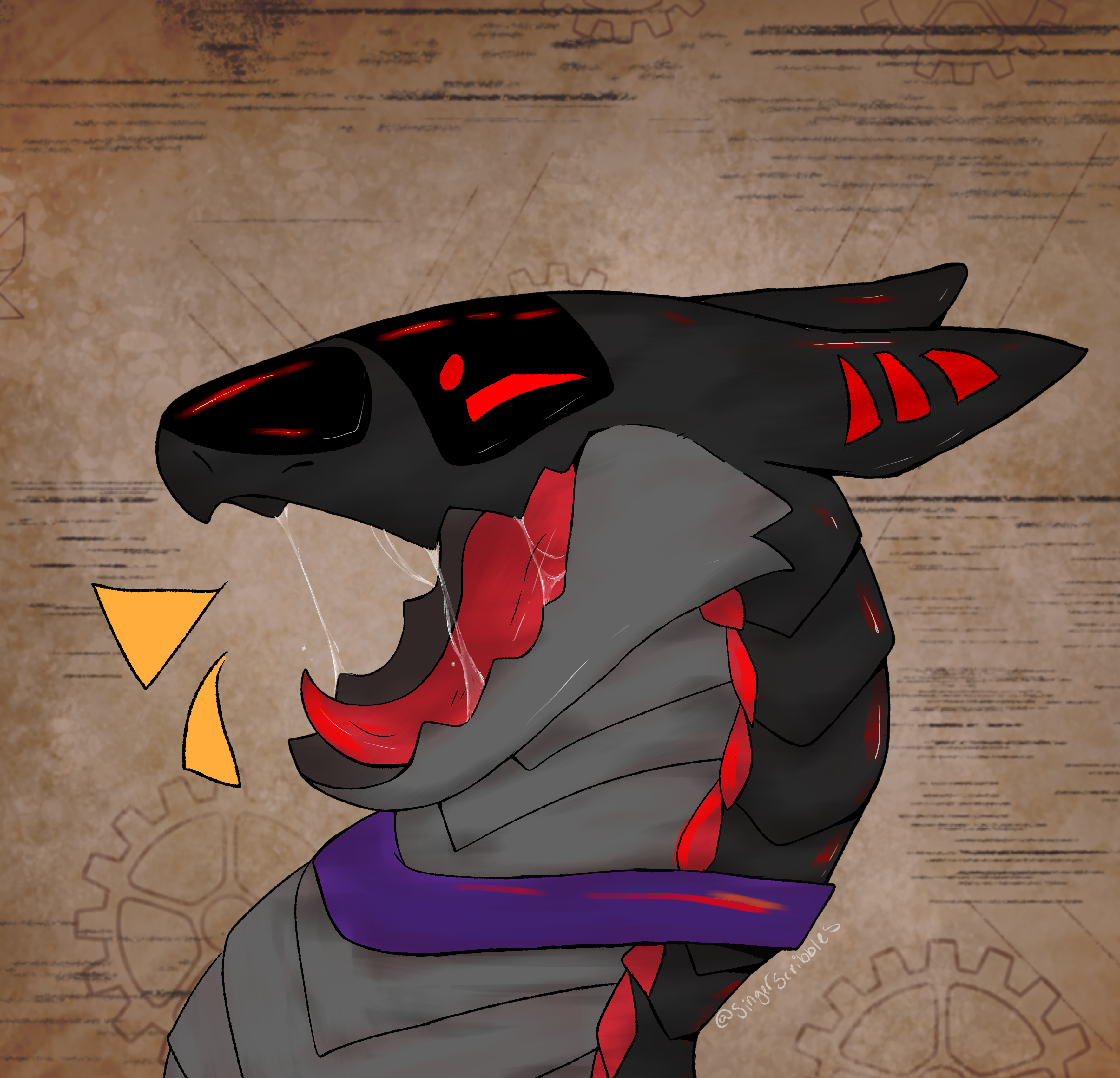 art by singerscribbles litewally a synth. black & red with a red tongue and visor. swagger